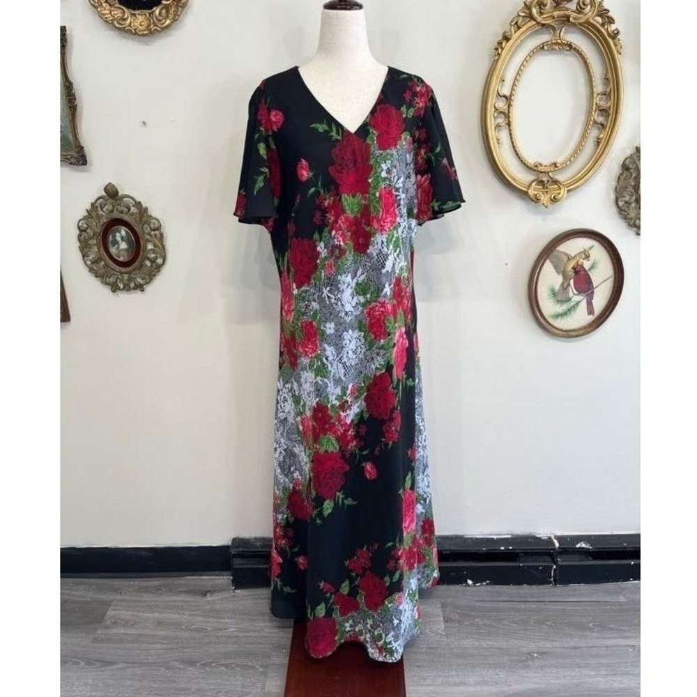 Vintage Roaman's Floral Lace Maxi Dress V-Neck Short Sleeve Size 16W